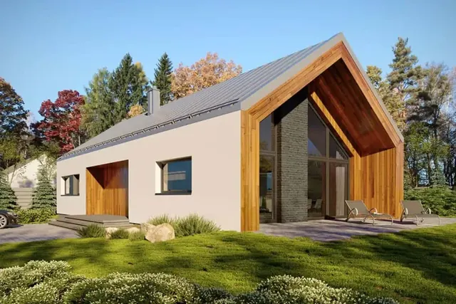 Bungalov Apex 4+1 se sedlovou střechou, dřevěným štítem, krytou terasou a obytnou částí orientovanou do zahrady