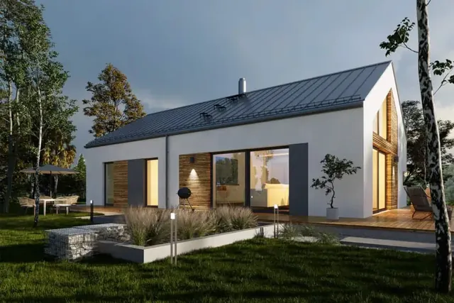 Bungalov Locca 4+kk jako jednopodlažní rodinný dům na klíč s jednoduchým tvarem a čtyřpokojovou dispozicí