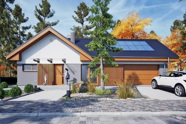 Bungalov Nest 4+kk s garáží, sedlovou střechou a dřevěnými prvky u vstupu