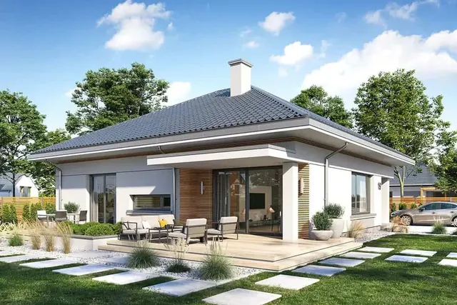 Bungalov Theva 4+1 s valbovou střechou, terasou a venkovním posezením u zahrady